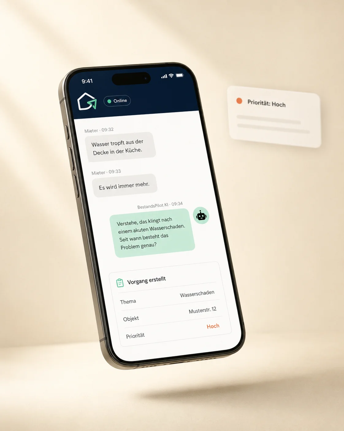 BestandsPilot — schwebendes iPhone mit Chat-Interface zwischen Mieter und KI, daneben eine schwebende Priorität-Hoch-Notification