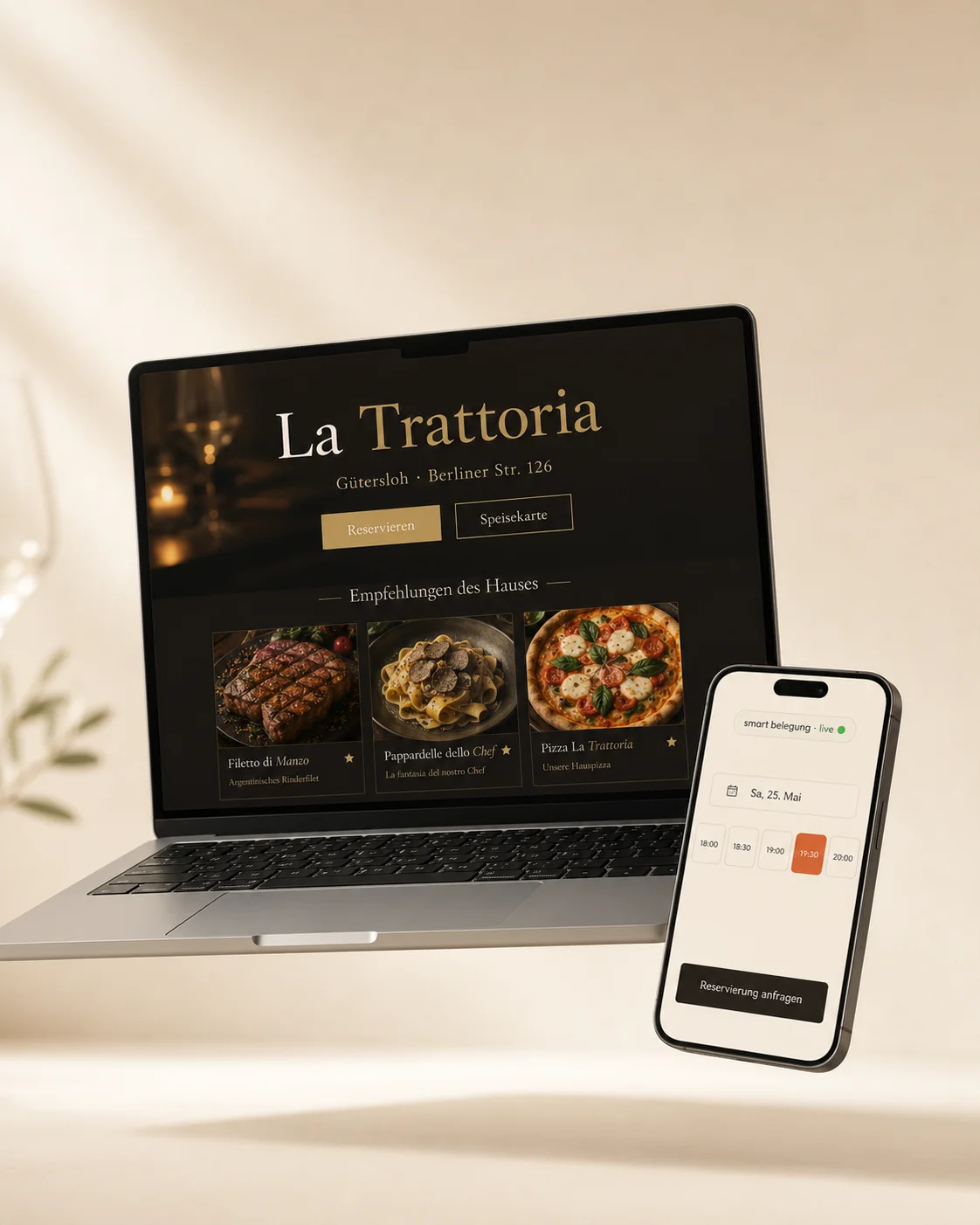 La Trattoria — schwebender Laptop mit Restaurant-Website und Phone mit smartem Reservierungssystem