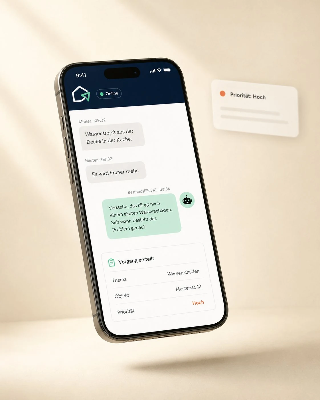 BestandsPilot — schwebendes iPhone mit Chat-Interface zwischen Mieter und KI, daneben eine schwebende Priorität-Hoch-Notification